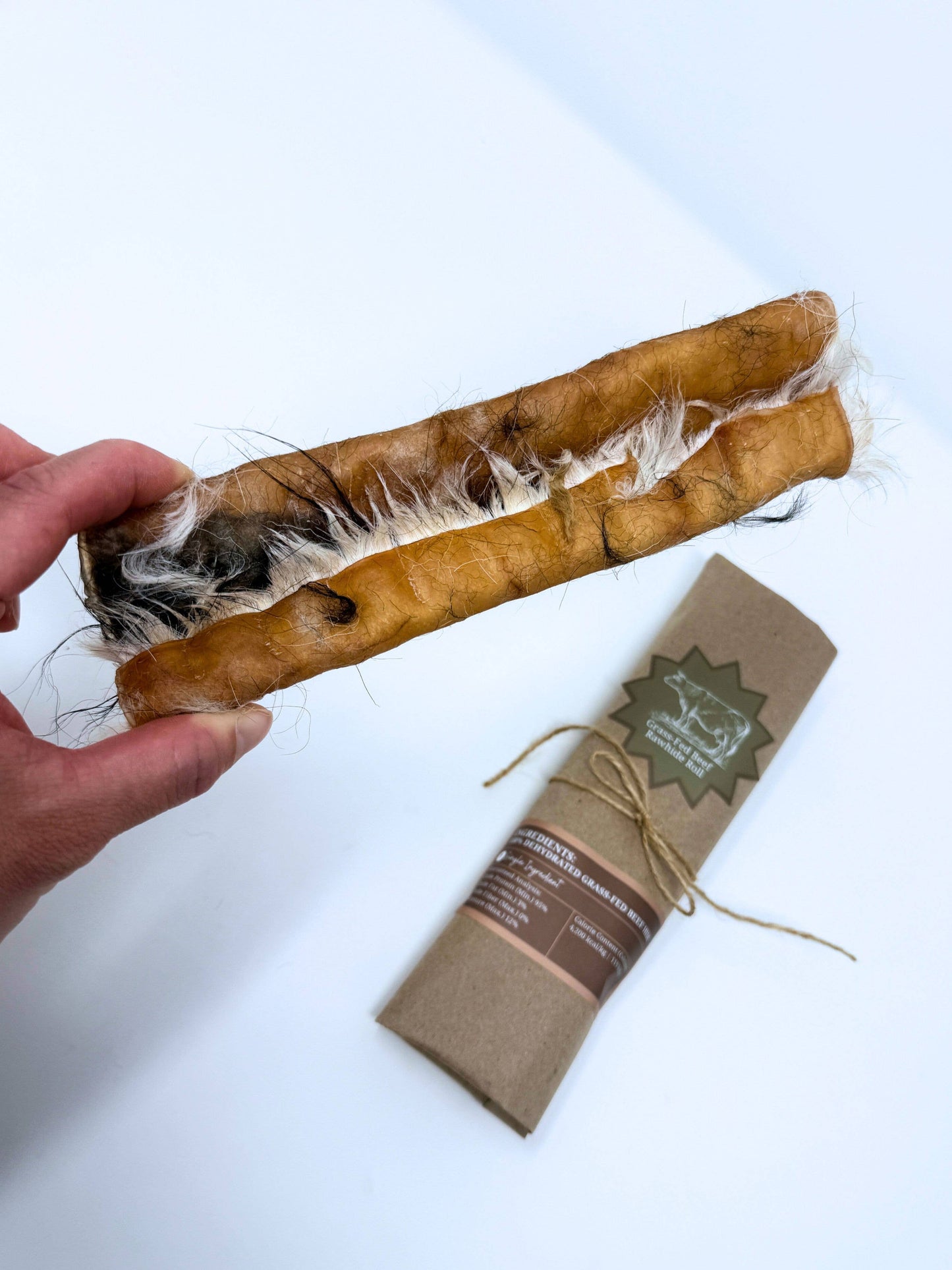 Dehydrated Grass-Fed Beef Rawhide Roll (Fur-On) | 8 Inches
