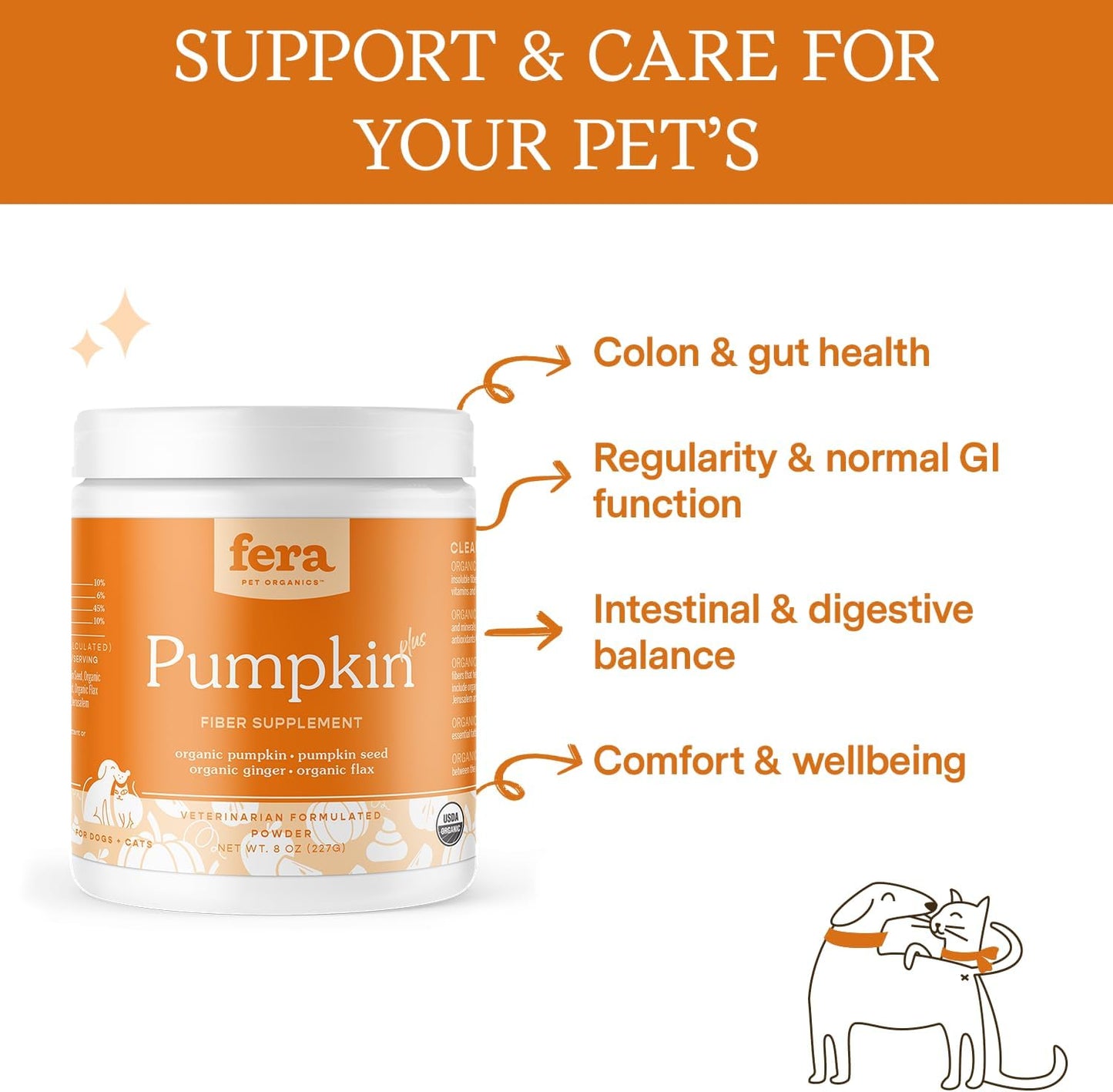 Fera Pet Organics Pumpkin Plus Fiber Supplement for Pets - Vet Created - Dog & Cat Regularity & Gut Function - Organic Pumpkin Seeds, Flax Seeds - 90 Scoops