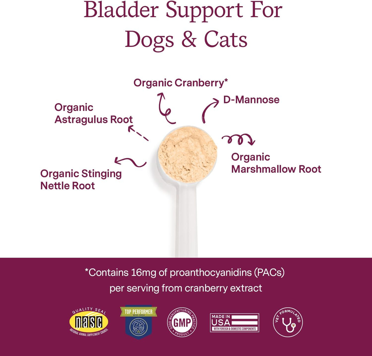 Fera Pet Organics Bladder Cranberry Supplement for Dogs & Cats - Vet Created - Kidney & Urinary - D-Mannose - Cranberry, Stinging Nettle - 60 Scoops