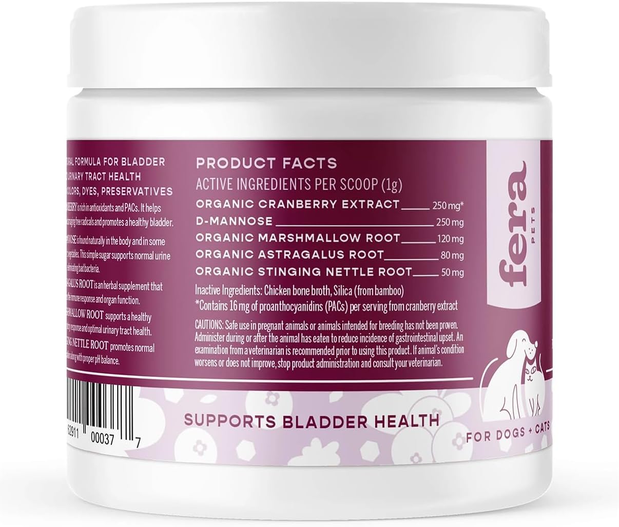 Fera Pet Organics Bladder Cranberry Supplement for Dogs & Cats - Vet Created - Kidney & Urinary - D-Mannose - Cranberry, Stinging Nettle - 60 Scoops