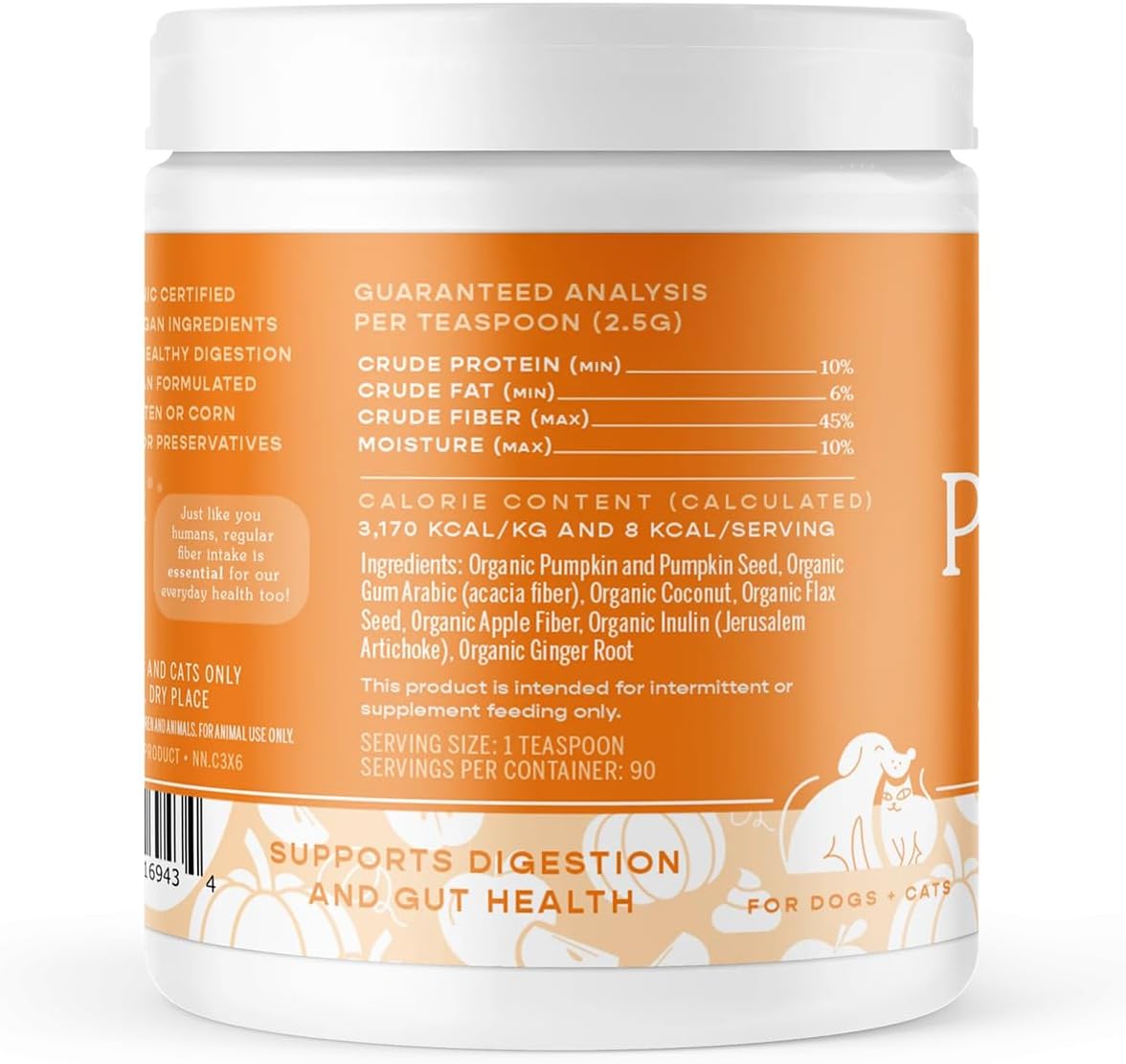 Fera Pet Organics Pumpkin Plus Fiber Supplement for Pets - Vet Created - Dog & Cat Regularity & Gut Function - Organic Pumpkin Seeds, Flax Seeds - 90 Scoops