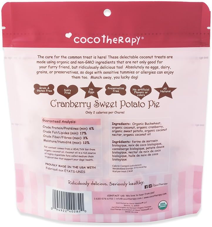 CocoTherapy Coco-Charms Training Treats, 100% USDA Certified Organic, Non-GMO, Vegan, 100% Human Grade, Cranberry Sweet Potato Pie, 5 oz.