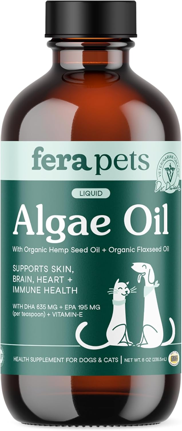 Fera Pet Organics Algae Oil 8 oz Plant Based, Vegan Omega 3 6 9 Supplement with EPA DHA & ALA for Dogs & Cats, Vet Created to Support Skin, Coat, Brain Heart, Immune System, 48 Servings