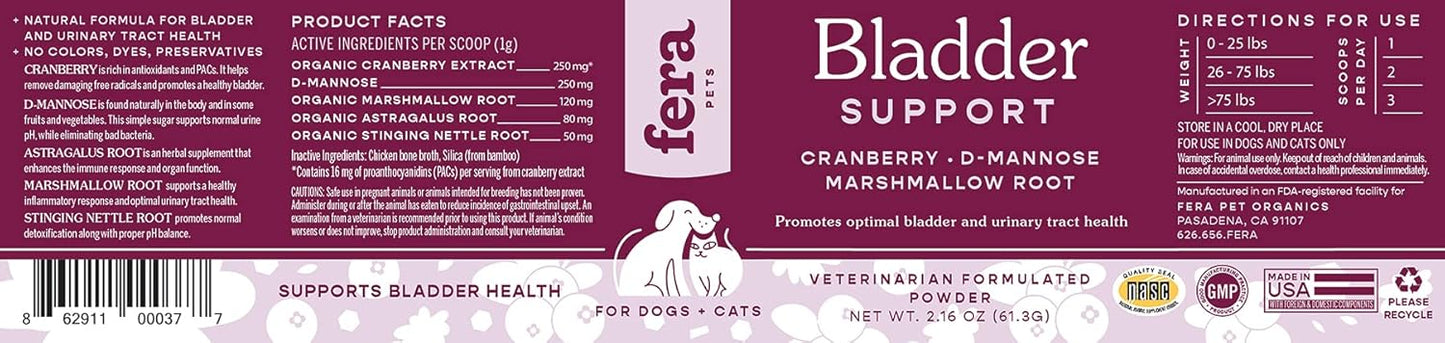Fera Pet Organics Bladder Cranberry Supplement for Dogs & Cats - Vet Created - Kidney & Urinary - D-Mannose - Cranberry, Stinging Nettle - 60 Scoops