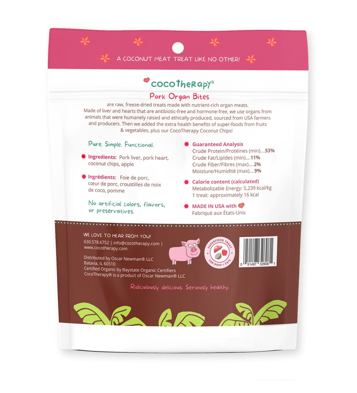 CocoTherapy Organ Bites! Dog and Cat Treat (Pork + Apple), 3 Oz.