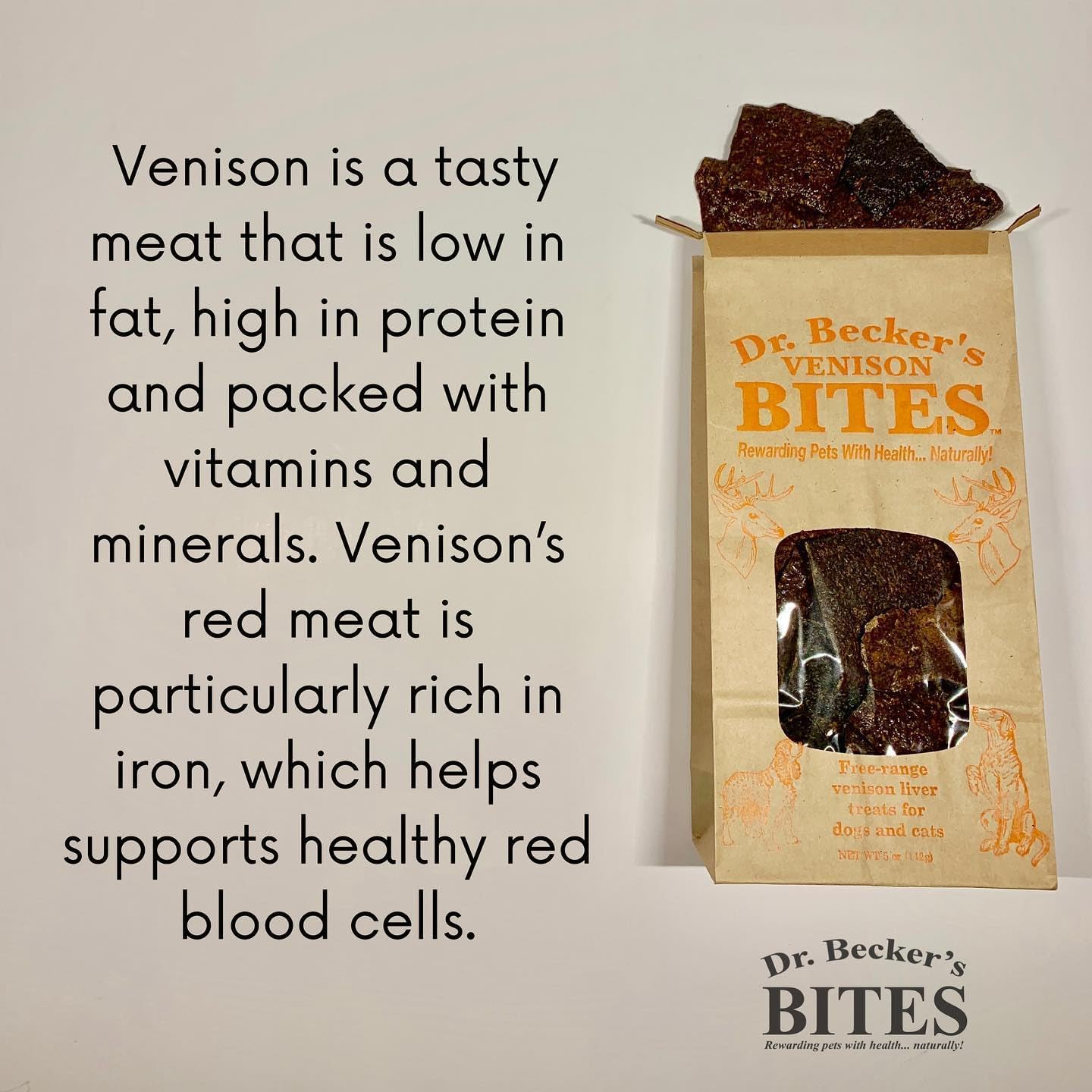 Dr. Becker's Venison Bites | 100% Pure Meat Protein | Grain Free Liver Training Treats for Dogs & Cats, 5 oz