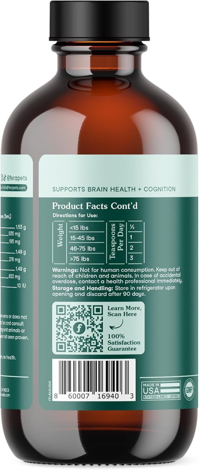 Fera Pet Organics Algae Oil 8 oz Plant Based, Vegan Omega 3 6 9 Supplement with EPA DHA & ALA for Dogs & Cats, Vet Created to Support Skin, Coat, Brain Heart, Immune System, 48 Servings