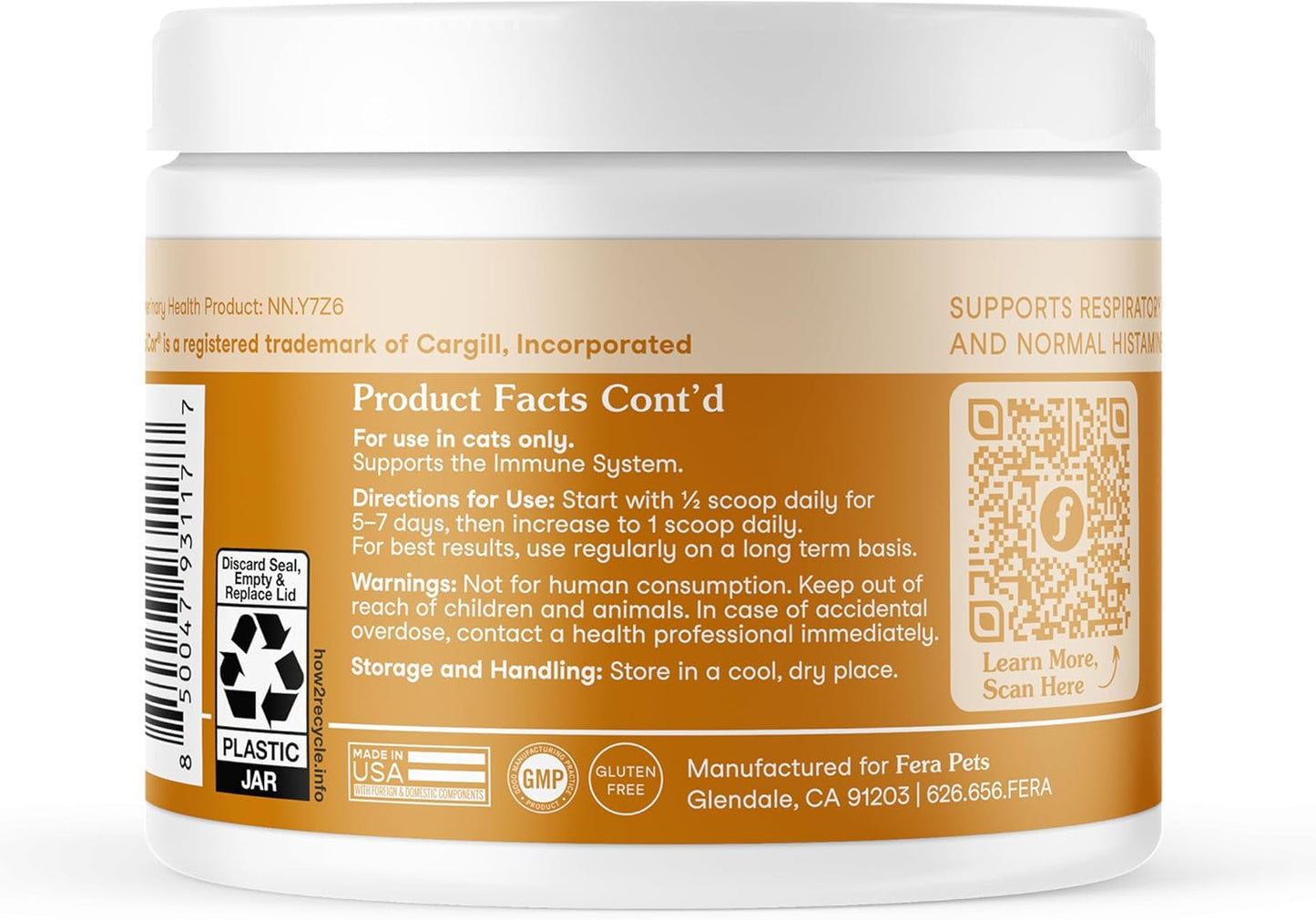 Fera Pet Organics Lysine Immune Supplement for Cats - 60 Scoops - Vet Created Cat Immune Support Supplement with Lysine, Postbiotics, and Echinacea to Support Immunity - Powdered Food Topper