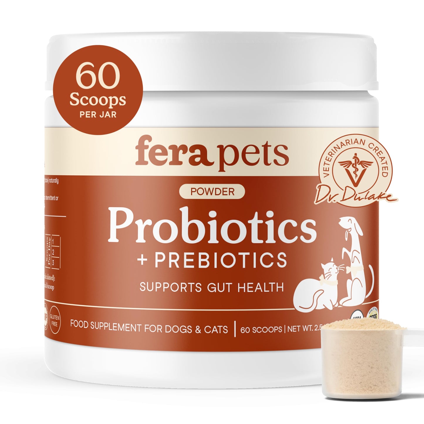 Fera Pet Organics Probiotics for Dogs & Cats - Vet Created - Cat & Dog Probiotic Supplement - 12 Strains & Prebiotics for Pet’s Digestion - 60 Scoops