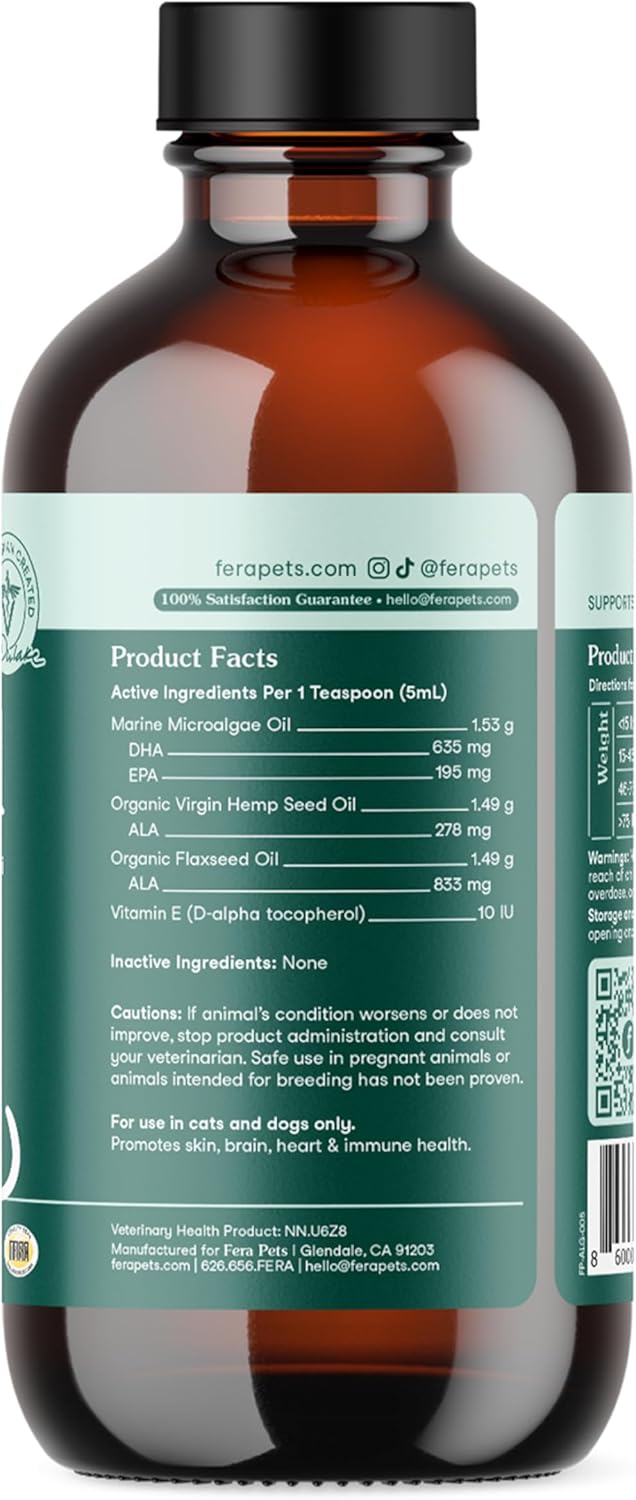 Fera Pet Organics Algae Oil 8 oz Plant Based, Vegan Omega 3 6 9 Supplement with EPA DHA & ALA for Dogs & Cats, Vet Created to Support Skin, Coat, Brain Heart, Immune System, 48 Servings