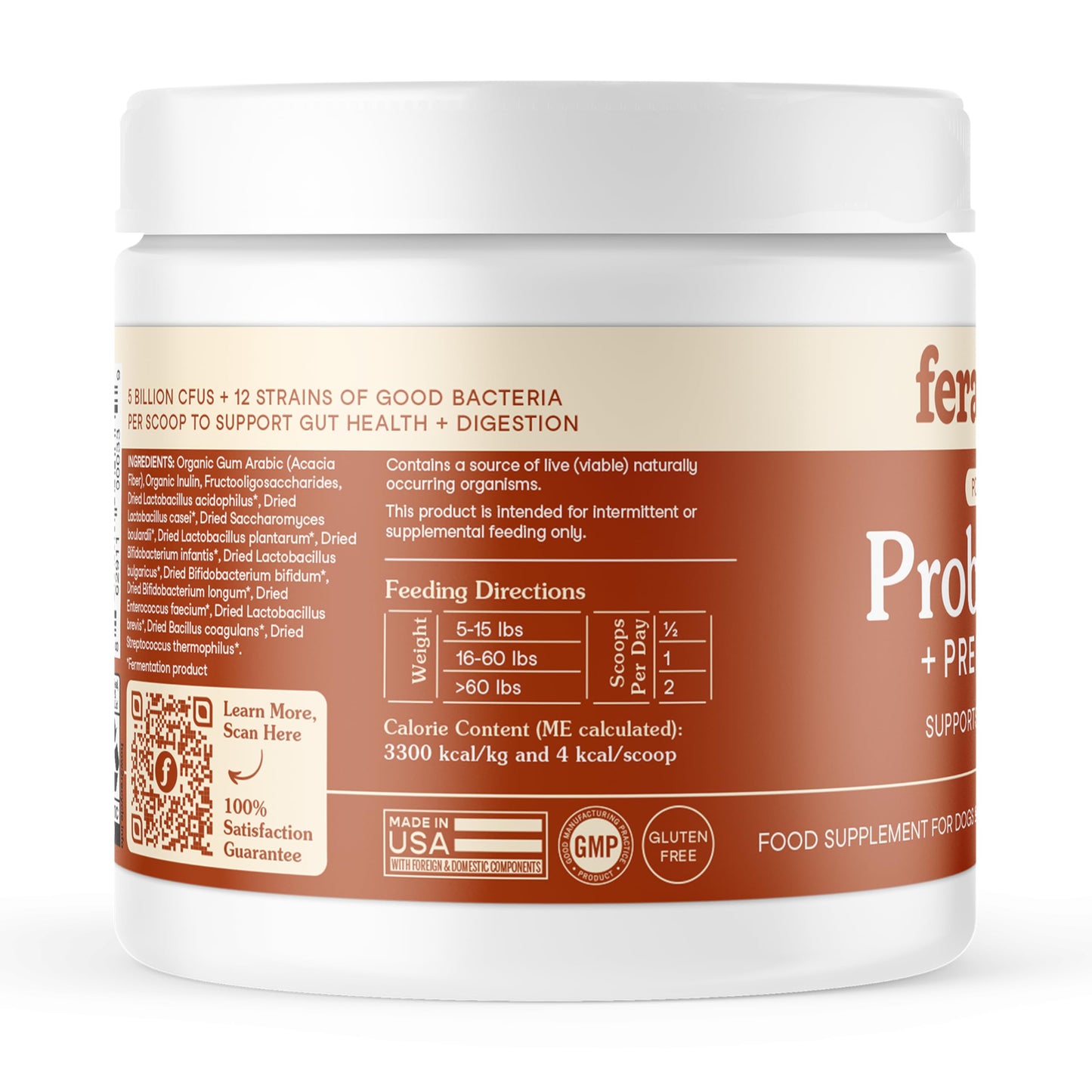 Fera Pet Organics Probiotics for Dogs & Cats - Vet Created - Cat & Dog Probiotic Supplement - 12 Strains & Prebiotics for Pet’s Digestion - 60 Scoops