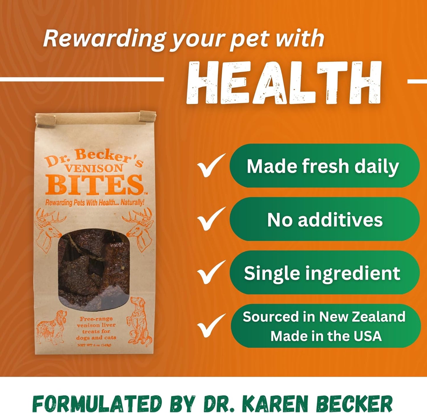 Dr. Becker's Venison Bites | 100% Pure Meat Protein | Grain Free Liver Training Treats for Dogs & Cats, 5 oz