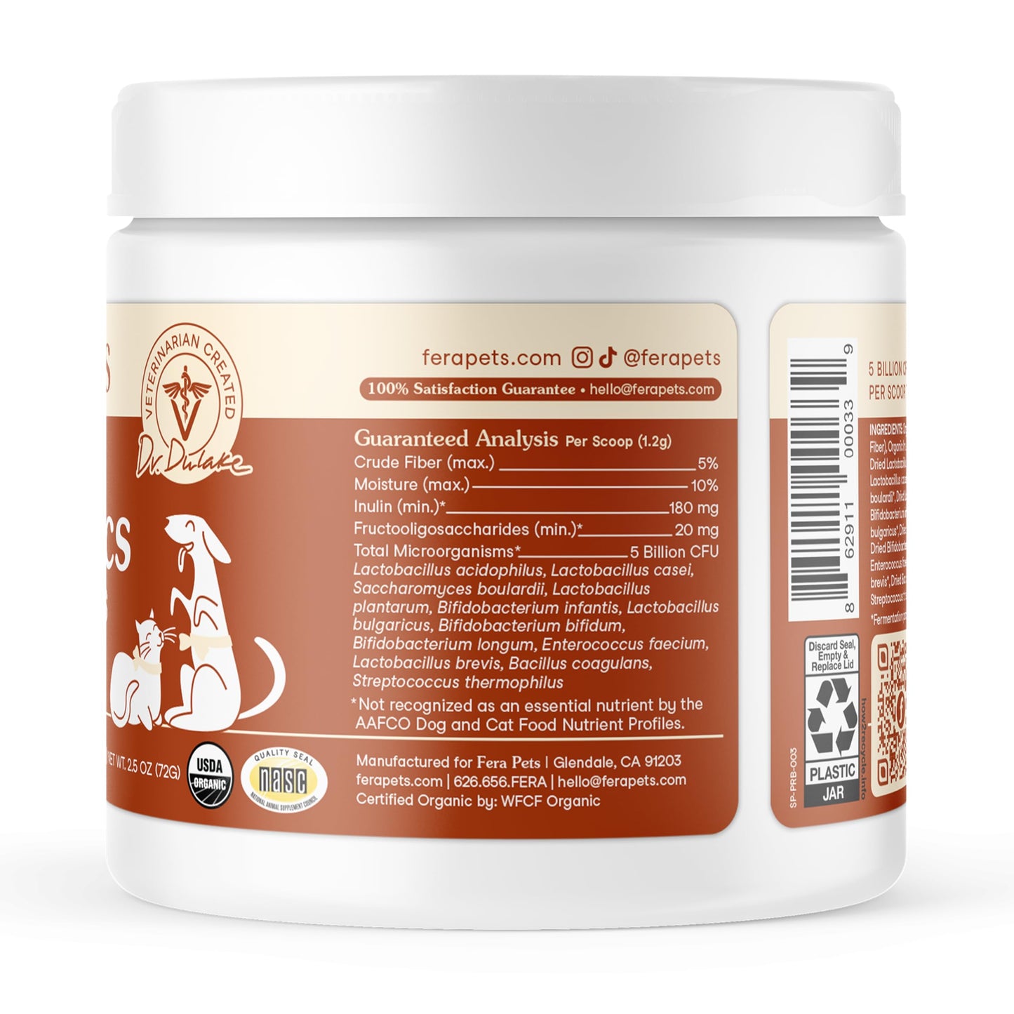 Fera Pet Organics Probiotics for Dogs & Cats - Vet Created - Cat & Dog Probiotic Supplement - 12 Strains & Prebiotics for Pet’s Digestion - 60 Scoops