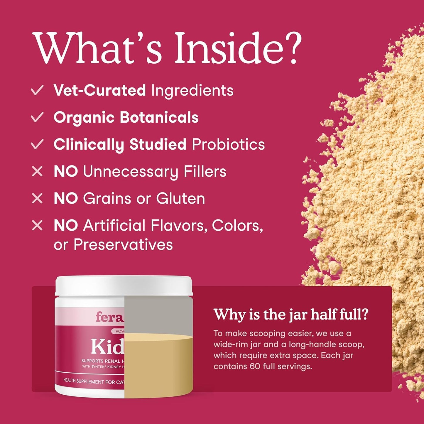 Fera Pet Organics Kidney Supplement for Cats - 60 Scoops - Vet Created Cat Supplement with Cordyceps Blend to Support Overall Kidney Health and Filtration - Powdered Food Topper