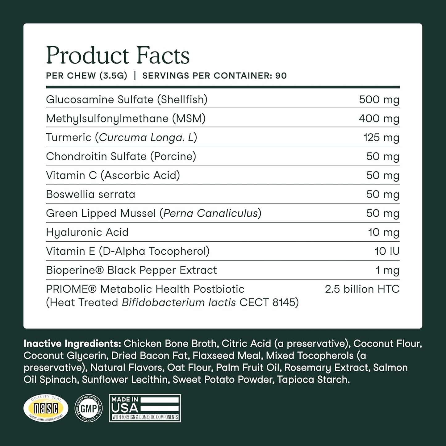 Fera Pet Organics Hip and Joint Supplement for Dogs 90 Chews Vet Created with Glucosamine Chondroitin, Omega 3, and Postbiotics to Support Overall Joint Health, Comfort, and Mobility