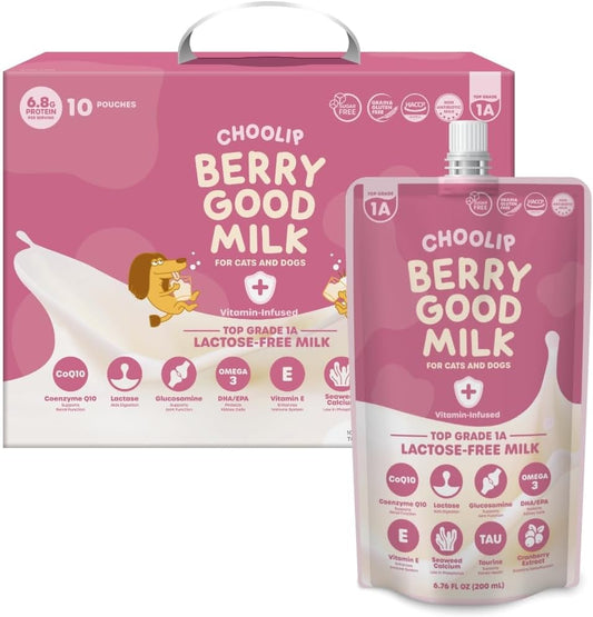 Berry Good Pet Milk. 10pk Vitamin-Infused Cat Milk, Dog, Kitten, Puppy Milk. Dog Bladder Support, Cat Kidney Support, Cat Urinary Supplement Cranberry, Omega 3, CoQ10, Glucosamine, Taurine