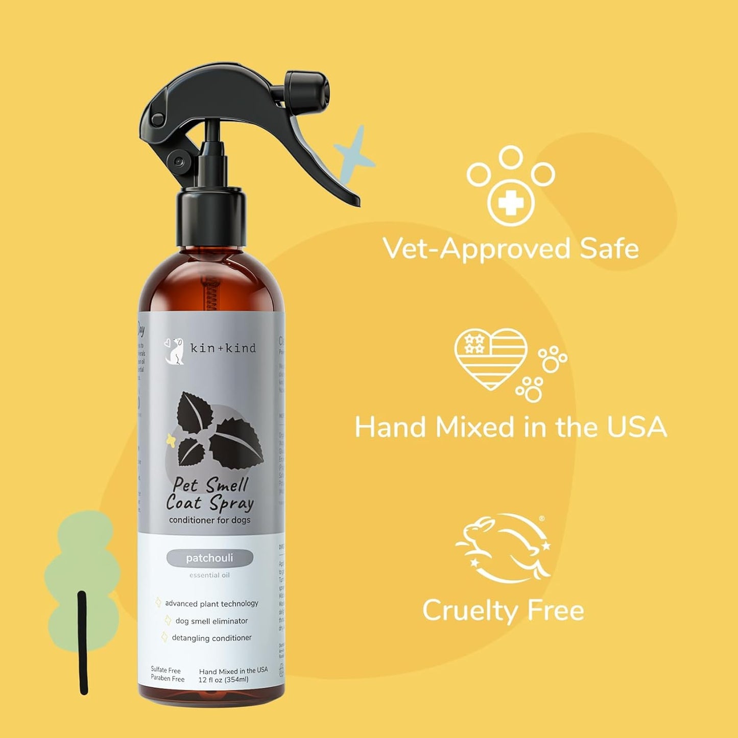 kin+kind Dog Coat Spray (12 fl oz) - Deodorizing Patchouli Formula with Long Lasting Dog Cologne Scent with Aloe Vera - Safe, Natural Odor Eliminator for Dogs - Made in USA (Patchouli)