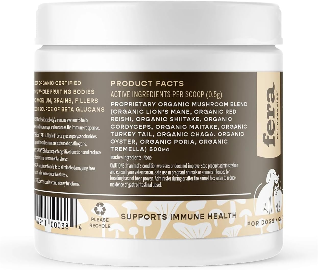 Fera Pet Organics Turkey Tail Mushroom Supplement for Dogs & Cats - Vet Created - for Cognition & Immune System – Organic Lion’s Mane, Shiitake Mushrooms - 120 Scoops