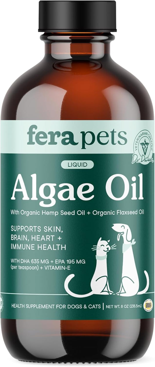 Fera Pet Organics Algae Oil 8 oz Plant Based, Vegan Omega 3 6 9 Supplement with EPA DHA & ALA for Dogs & Cats, Vet Created to Support Skin, Coat, Brain Heart, Immune System, 48 Servings