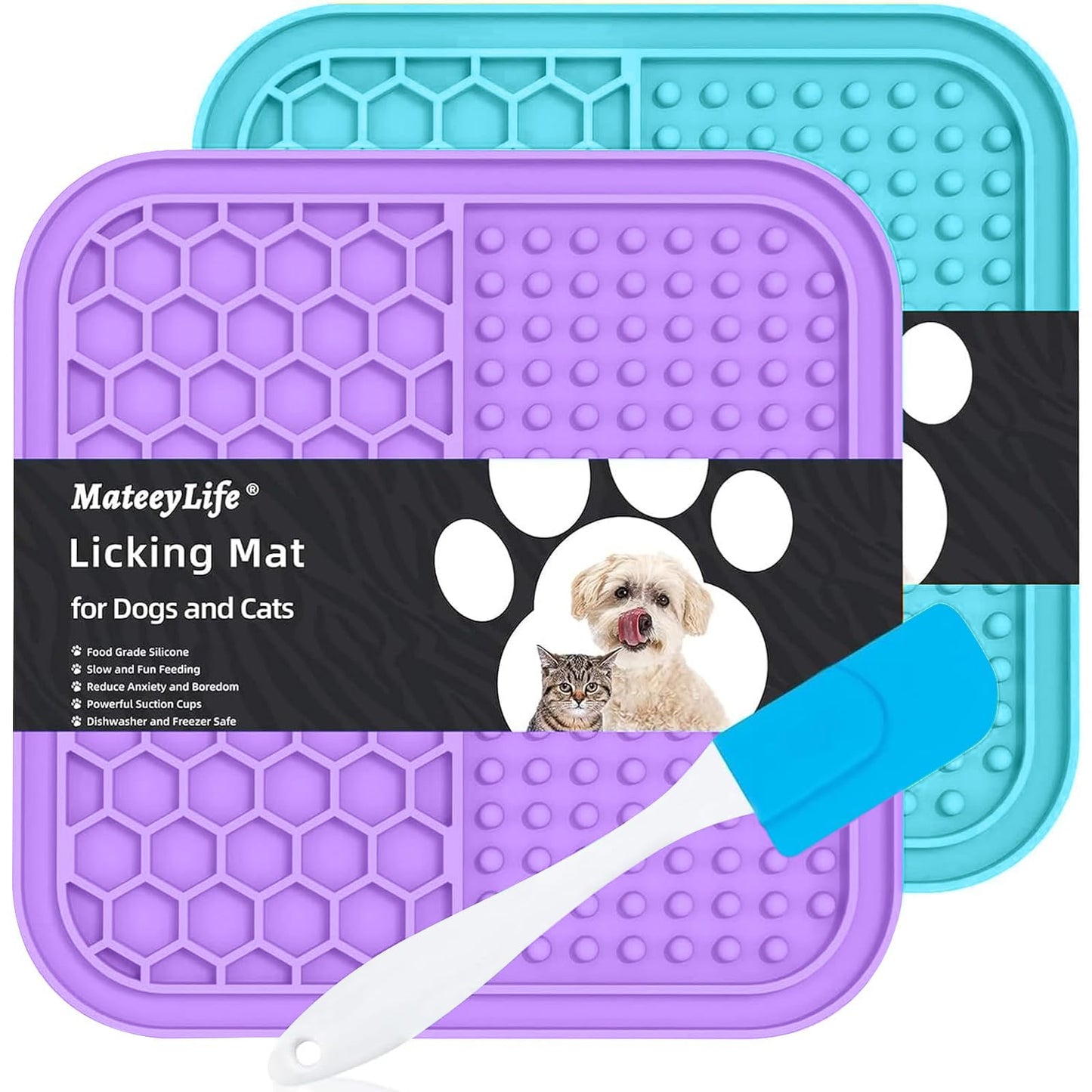 MateeyLife 2PCS Large Lick Mat for Dogs and Cats, Licking Mats for Dog Anxiety Relief, Cat Peanut Butter Lick Pad for Boredom Reducer, Dog Treat Mat Perfect for Bathing Grooming Purple&Light Blue