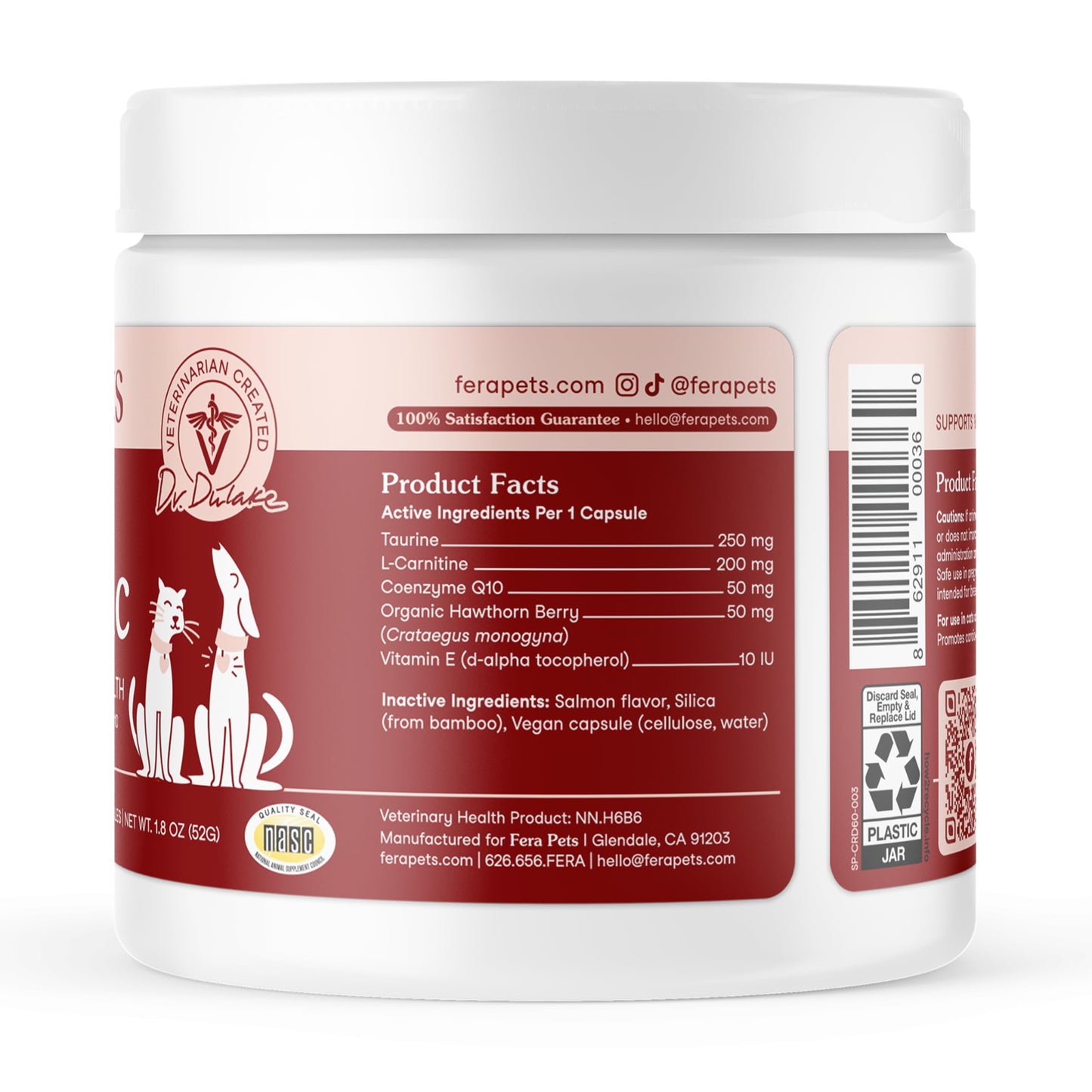 Fera Pets Cardiac Supplement for Dogs & Cats – 120 Capsules - Vet Created -Cardiovascular Function & Strength-Taurine, CoQ10, Organic Hawthorne Berry