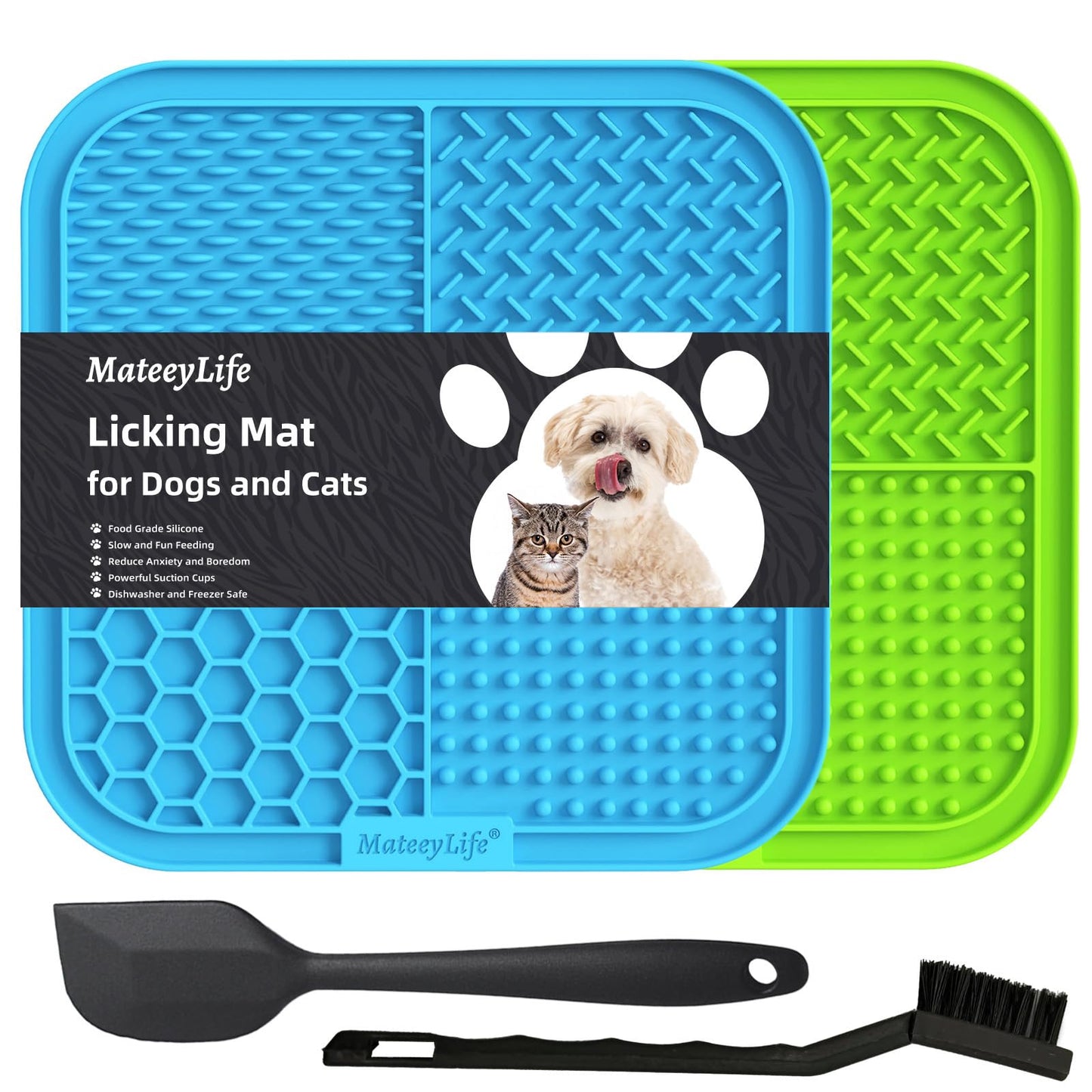 MateeyLife 2PCS Large Lick Mat for Dogs and Cats, Licking Mats for Dog Anxiety Relief, Cat Peanut Butter Lick Pad for Boredom Reducer, Dog Treat Mat Perfect for Bathing Grooming Purple&Light Blue