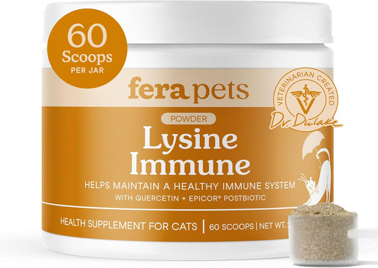 Fera Pet Organics Lysine Immune Supplement for Cats - 60 Scoops - Vet Created Cat Immune Support Supplement with Lysine, Postbiotics, and Echinacea to Support Immunity - Powdered Food Topper