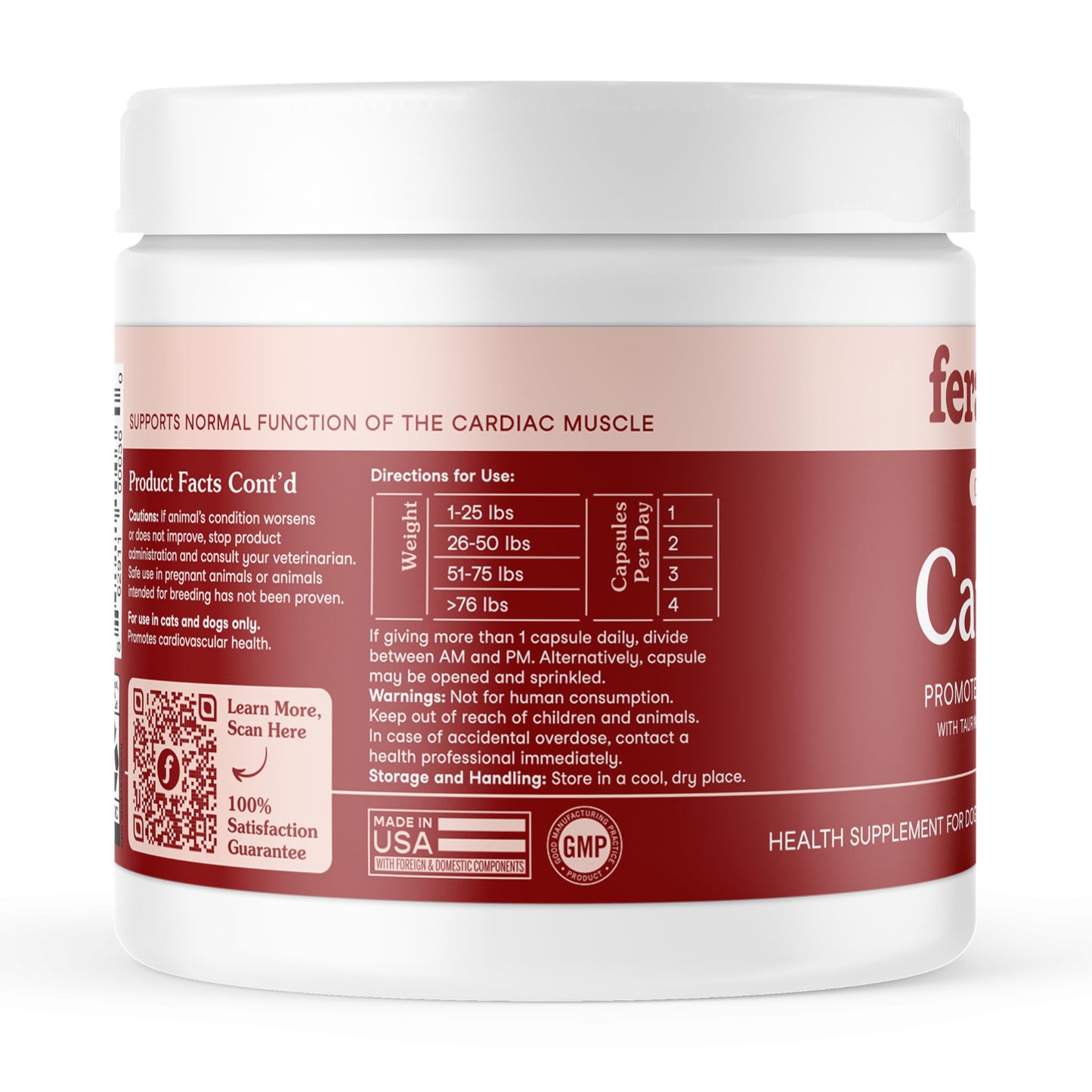 Fera Pets Cardiac Supplement for Dogs & Cats – 120 Capsules - Vet Created -Cardiovascular Function & Strength-Taurine, CoQ10, Organic Hawthorne Berry