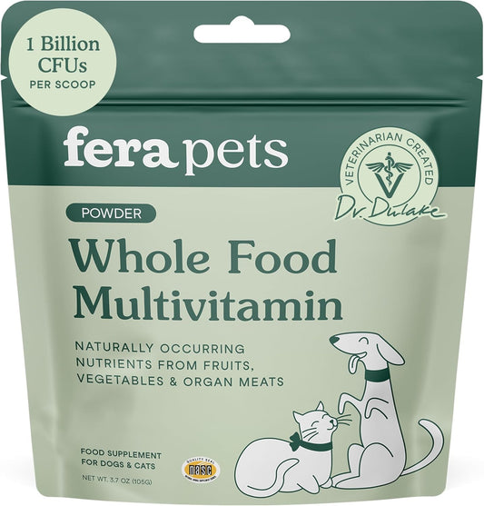 Fera Pet Organics Whole Food Multivitamin Cat and Dog Food Topper - Vet Created Cat & Dog Vitamins Plus Minerals, Micronutrients, Prebiotics and Probiotics – Powder Supplement - 3.7oz