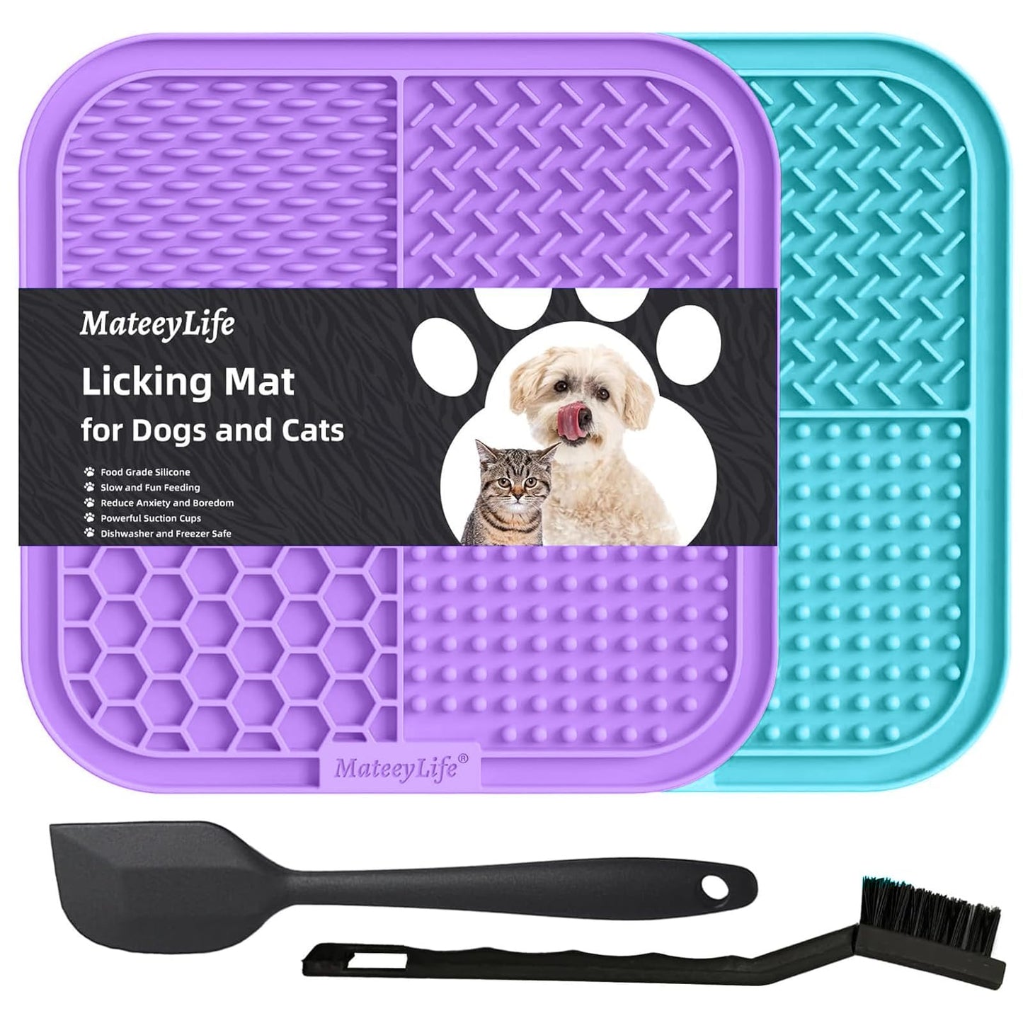 MateeyLife 2PCS Large Lick Mat for Dogs and Cats, Licking Mats for Dog Anxiety Relief, Cat Peanut Butter Lick Pad for Boredom Reducer, Dog Treat Mat Perfect for Bathing Grooming Purple&Light Blue