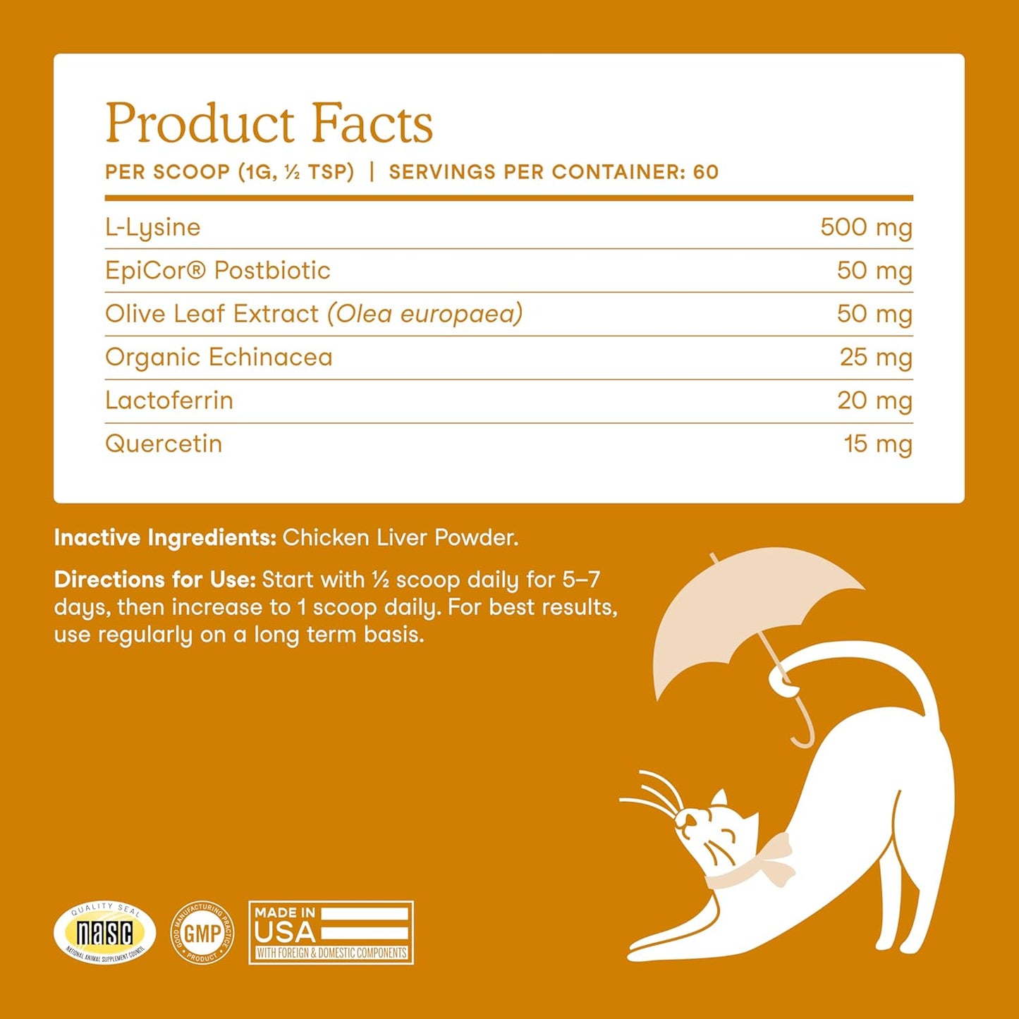 Fera Pet Organics Lysine Immune Supplement for Cats - 60 Scoops - Vet Created Cat Immune Support Supplement with Lysine, Postbiotics, and Echinacea to Support Immunity - Powdered Food Topper
