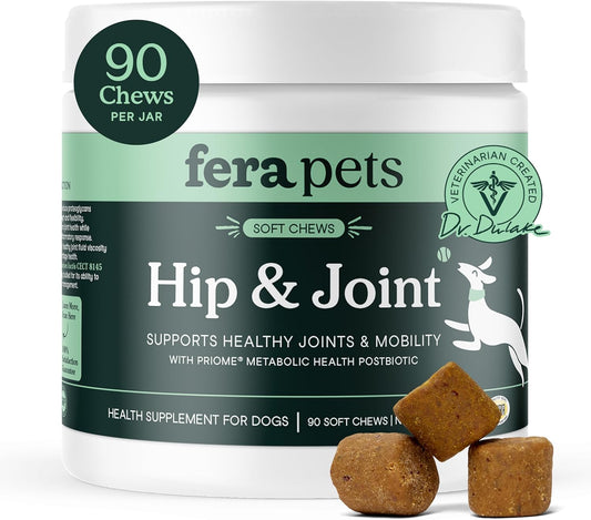 Fera Pet Organics Hip and Joint Supplement for Dogs 90 Chews Vet Created with Glucosamine Chondroitin, Omega 3, and Postbiotics to Support Overall Joint Health, Comfort, and Mobility