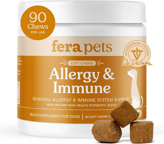 Fera Pet Organics Dog Allergy and Immune Support Supplement 90 Chews Vet Formulated with Mushrooms, Colostrum, and Postbiotics for Itchy Dog Relief and Immune Support