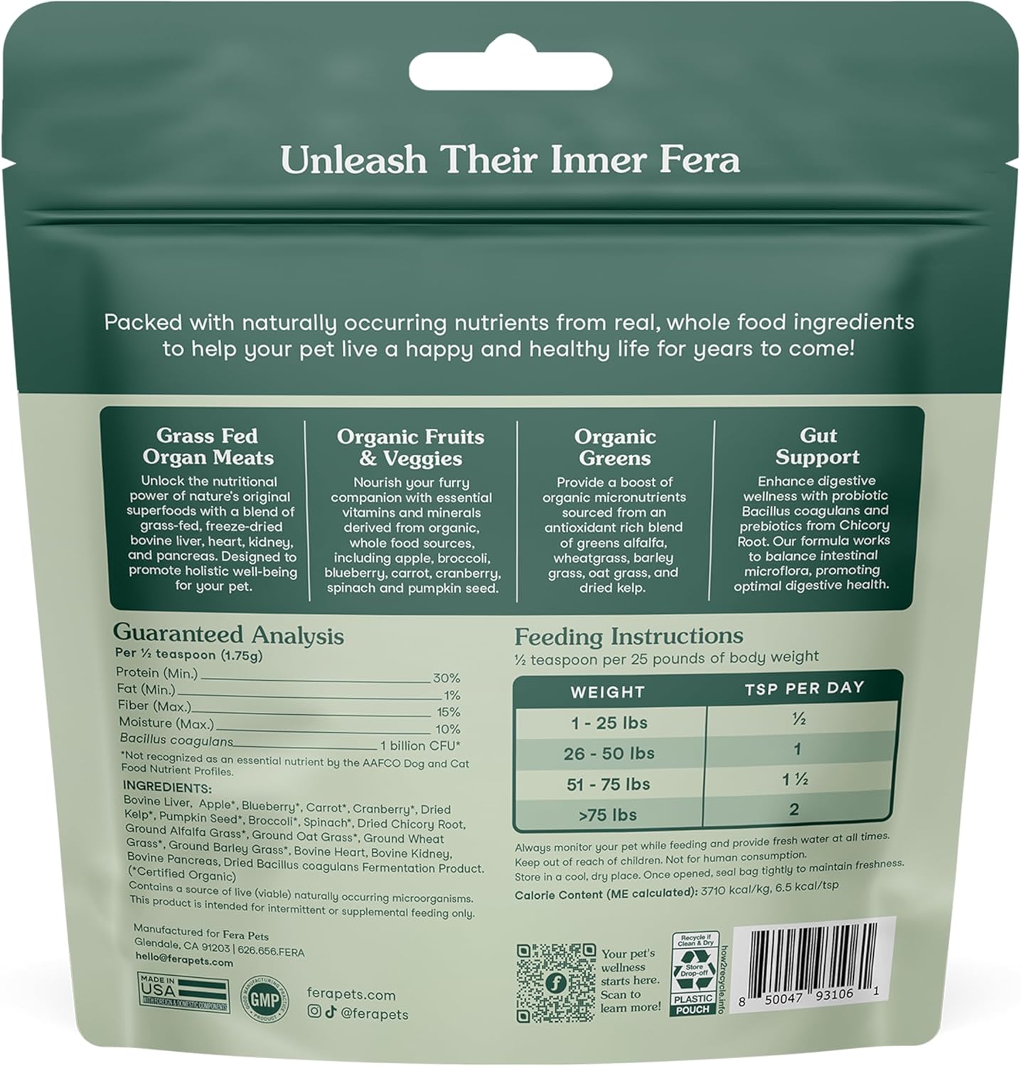 Fera Pet Organics Whole Food Multivitamin Cat and Dog Food Topper - Vet Created Cat & Dog Vitamins Plus Minerals, Micronutrients, Prebiotics and Probiotics – Powder Supplement - 3.7oz